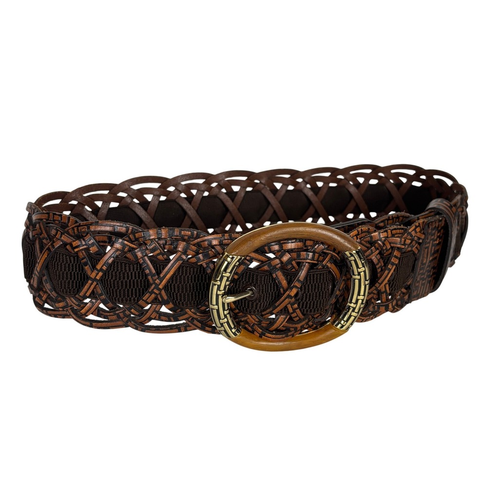 Chico's Brown Braided Leather Belt with Gold-Tone Buckle